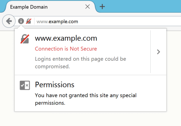 Firefox laat ook zien dat de verbinding niet veiilig is.