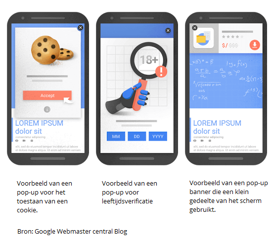 Voorbeelden van pop-up\'s die volgens Google zijn toegestaan in de mobiele zoekresultaten