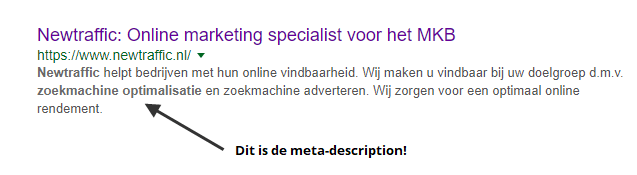 De meta omschrijving staat direct onder de titel